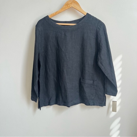 Hot cotton womens black 3/4 sleeve linen top with front pocket NWT Size Medium - Picture 2 of 5